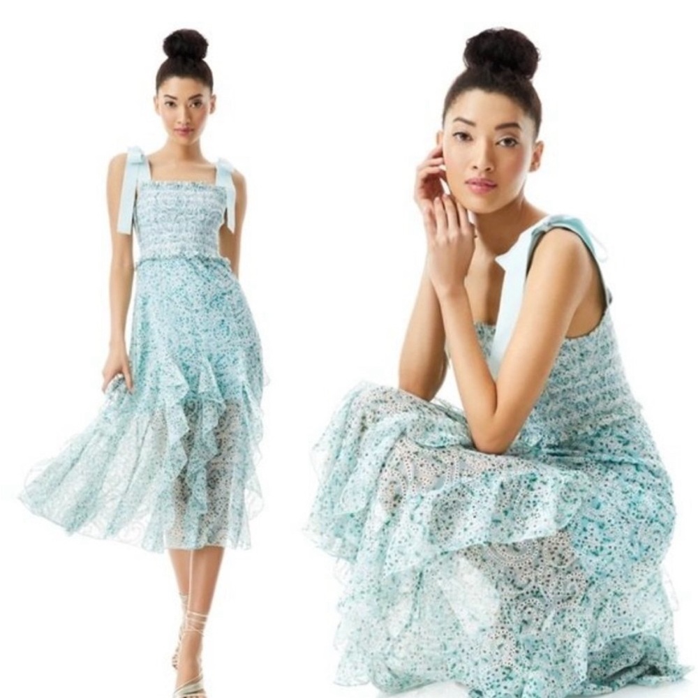 Alice and Olivia smocked ruffle midi dress